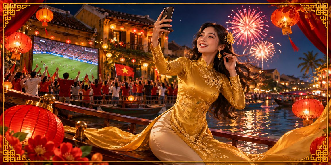 Người chơi casino trên điện thoại tại Hội An với trang phục áo dài truyền thống