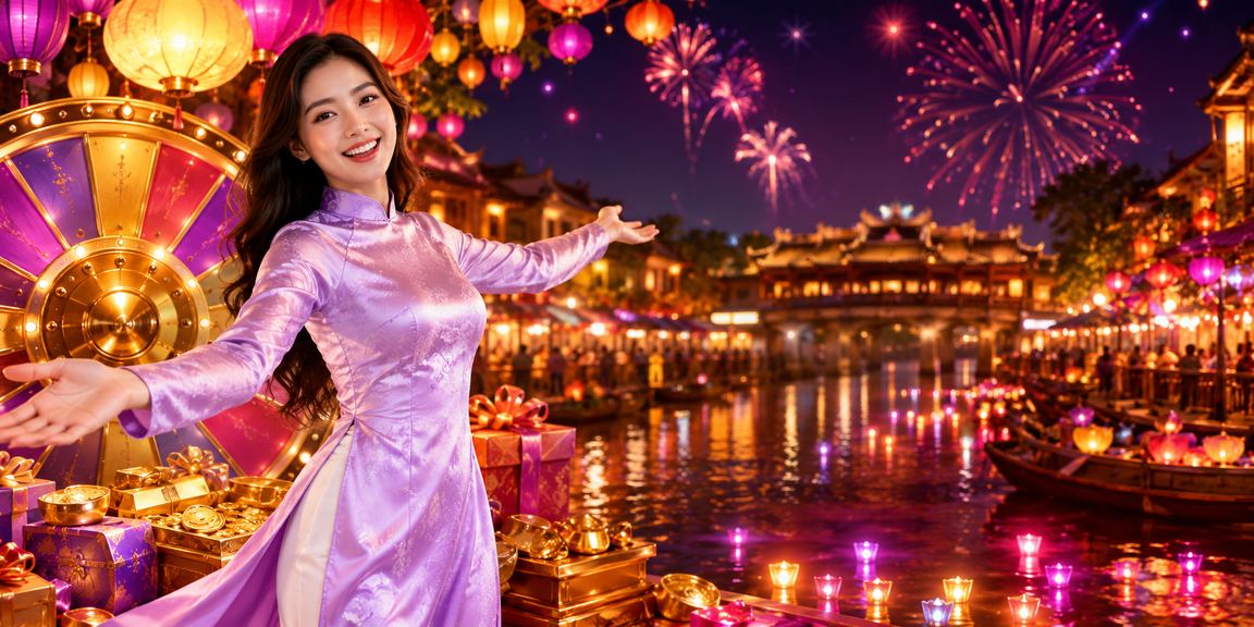 Người chơi tham gia vòng quay may mắn tại Huế với trang phục áo dài truyền thống