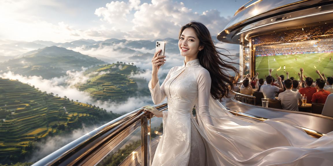 Người dùng tại Sa Pa truy cập nền tảng cá cược thể thao trên điện thoại trong trang phục áo dài truyền thống